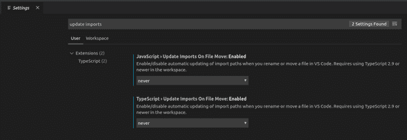 update imports on file move set to never